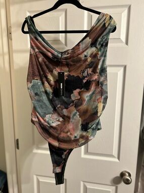 Fashion Nova Multicolor Abstract Cowl Neck Bodysuit